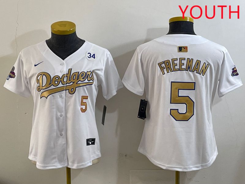 Youth Los Angeles Dodgers #5 Freeman White Champion gold character 2025 Nike MLB Jersey style 4